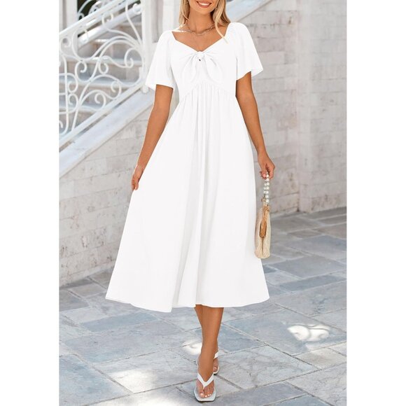 🆕Women White Polyester Casual Summer Dress Bow Tie V Neck Ruffle Midi Flowy - Picture 3 of 9